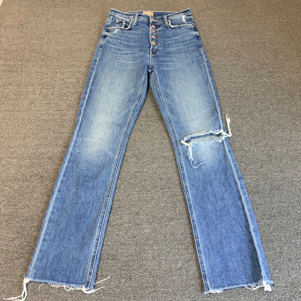 MOTHER The Pixie Dazzler Ankle Fray Jeans Love Pop Blue Distressed Size 25